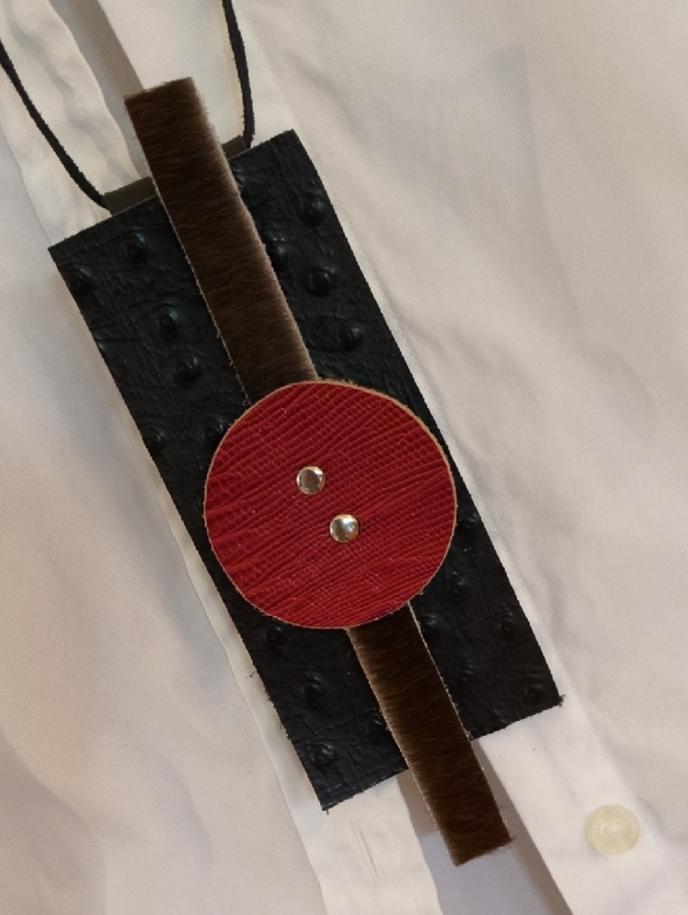 Handmade Genuine Leather Red Disc Brown Haircalf Black Ostrich Pendant Necklace